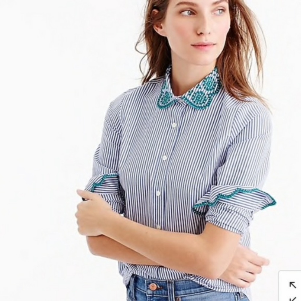 J Crew Striped Perfect Shirt with Eyelet Trim